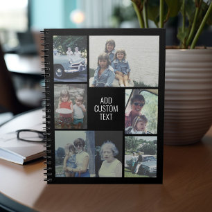 6 photo collage - black background - white text notebook