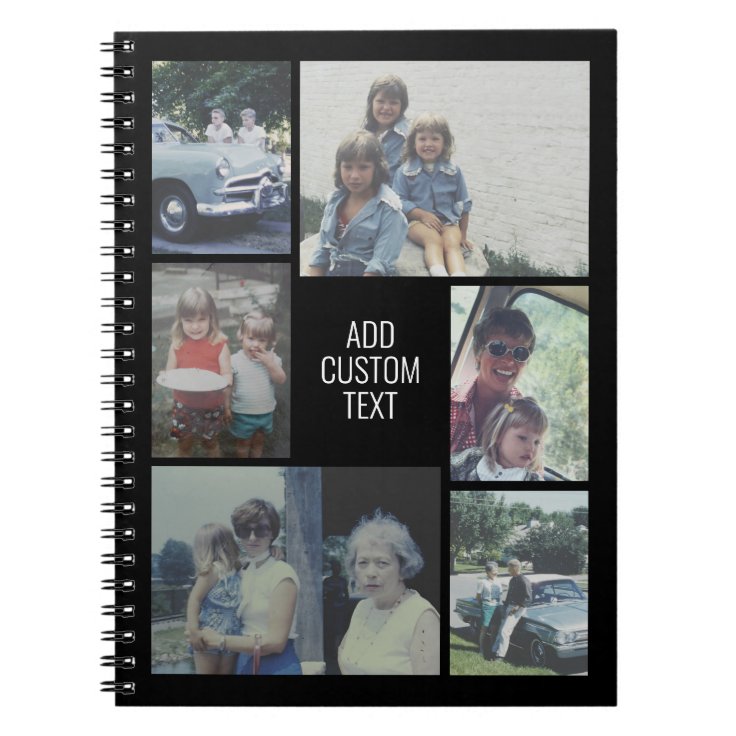 6 photo collage black background white text notebook Zazzle