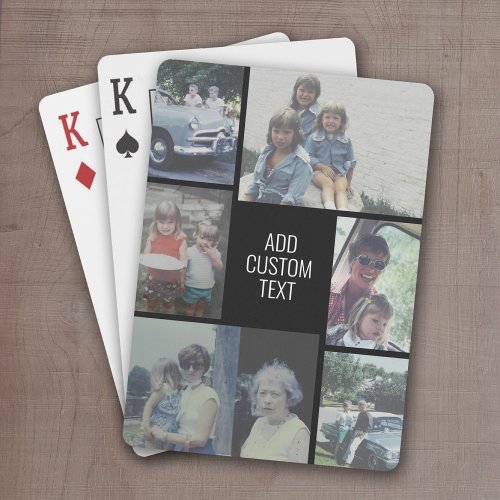 6 photo collage _ black background _ white text playing cards