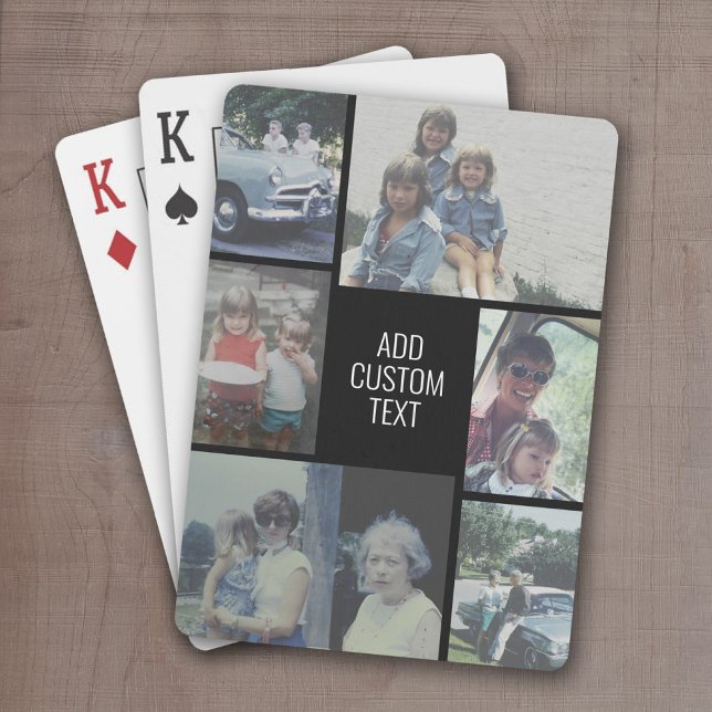 6 photo collage - black background - white text poker cards (Personalized Playing Cards - Add 6 Photos and Custom Text)