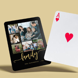 6 photo collage black gold test script family playing cards