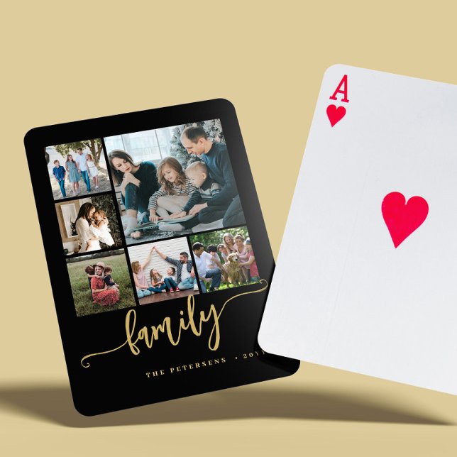6 photo collage black gold test script family poker cards (Creator Uploaded)