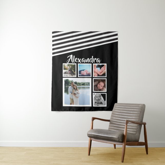 6 Photo Collage Black Striped Pattern Personalized Tapestry (In Situ)