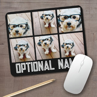 6 Photo Collage - black with bold name in white Mouse Pad