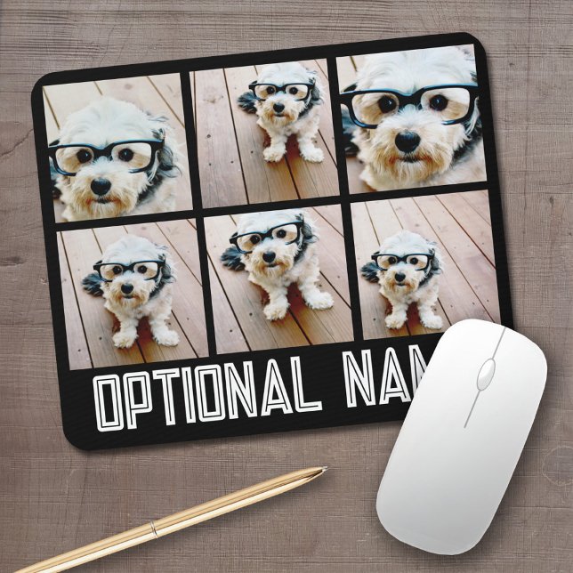 6 Photo Collage - black with bold name in white Mouse Pad (Personalized mouse pad with your photos and text)