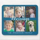6 Photo Collage Blessings Script Blue Mouse Pad<br><div class="desc">This mouse pad offers a heartfelt design with 6 photo frames for pictures of your family. Trendy handwritten style calligraphy reads: "Blessings". Personalize this blue mouse pad with your family name.</div>