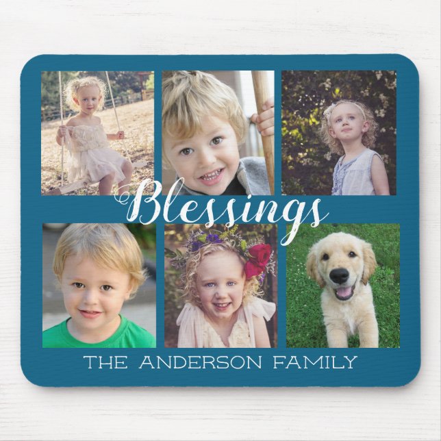 6 Photo Collage Blessings Script Blue Mouse Pad (Front)