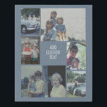 6 photo collage - blue background - white text faux canvas print<br><div class="desc">6 photos in an uneven pattern surround an opening for three lines of text. Use 2 square cropped photos and 4 vertical photos to make this work!
The background is black. If you want to change the colors,  click on the advanced design area and see more choices.</div>