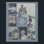 6 photo collage - blue background - white text faux canvas print<br><div class="desc">6 photos in an uneven pattern surround an opening for three lines of text. Use 2 square cropped photos and 4 vertical photos to make this work!
The background is black. If you want to change the colors,  click on the advanced design area and see more choices.</div>