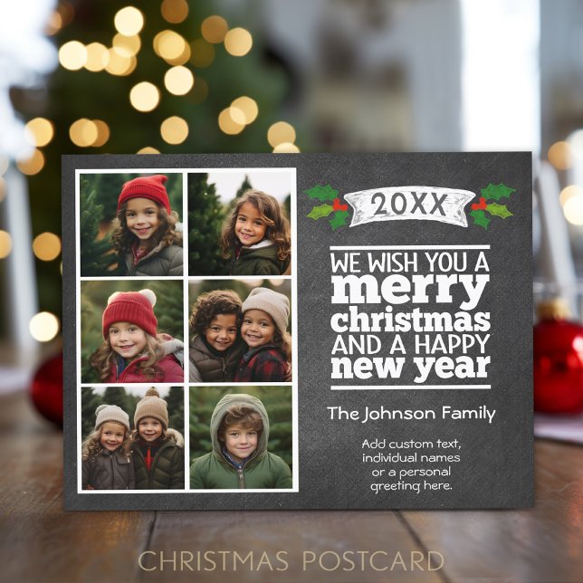 6 Photo Collage - Christmas Chalkboard Holiday Postcard (Christmas Postcard with 6 photos)