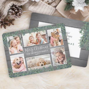 6 Photo Collage Christmas Greenery & Gray Wood Holiday Card