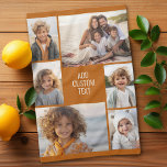 6 photo collage - color background - white text kitchen towel<br><div class="desc">6 photos in an uneven pattern surround an opening for three lines of text. Use 2 square cropped photos and 4 vertical photos to make this work!
The background is a solid color. If you want to change the colors,  click on the advanced design area and see more choices.</div>