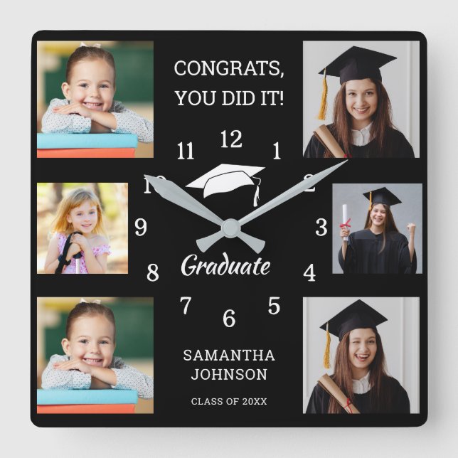 6 Photo Collage Congratulations Grad 2025 Black Square Wall Clock (Front)