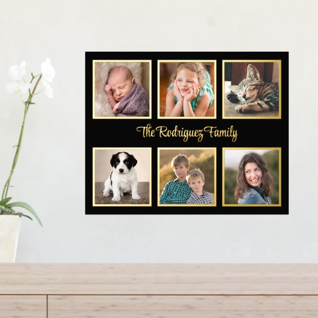 6 Photo Collage Custom Text Black Gold Foil Prints (In Situ (Entry Table))