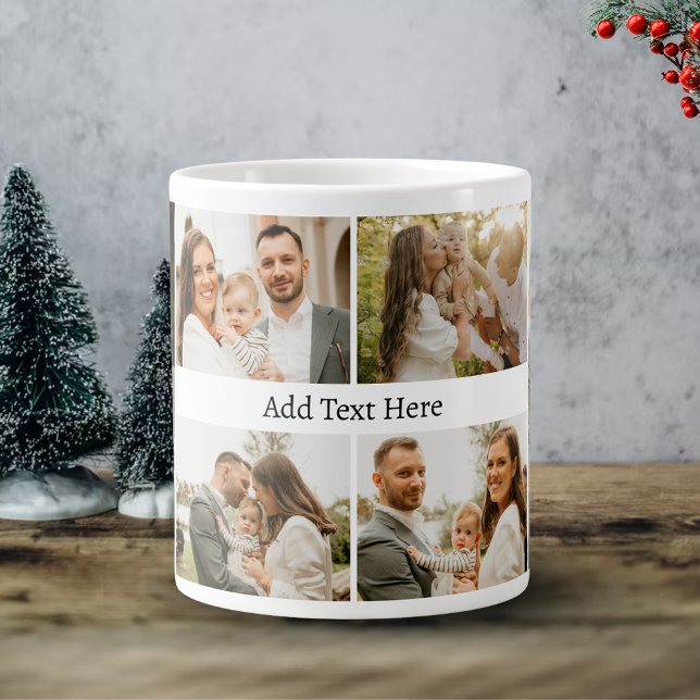 6 Photo Collage - Custom Text black white Giant Coffee Mug (Creator Uploaded)