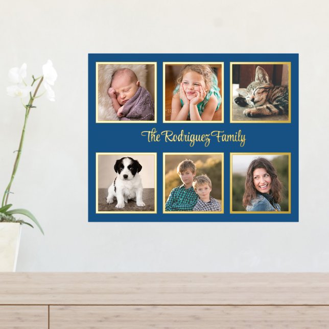 6 Photo Collage Custom Text Blue Gold Foil Prints (In Situ (Entry Table))