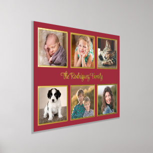6 Photo Collage Custom Text Burgundy Red Gold Foil Prints