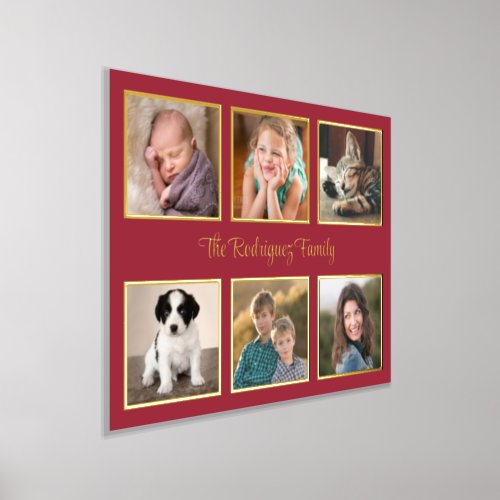 6 Photo Collage Custom Text Burgundy Red Gold Foil Prints