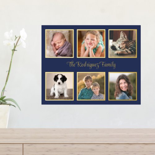 6 Photo Collage Custom Text Navy Blue Gold Foil Prints