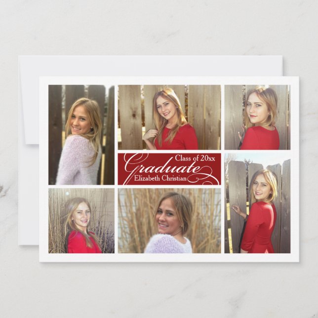 6-Photo Collage Dark Red Custom Graduation Invitation (Front)