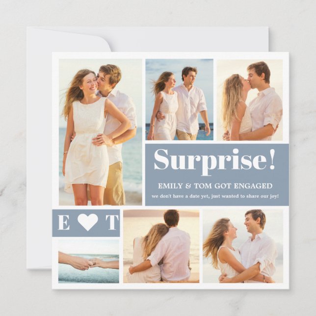 6 Photo Collage Dusty Blue Engagement Announcement (Front)
