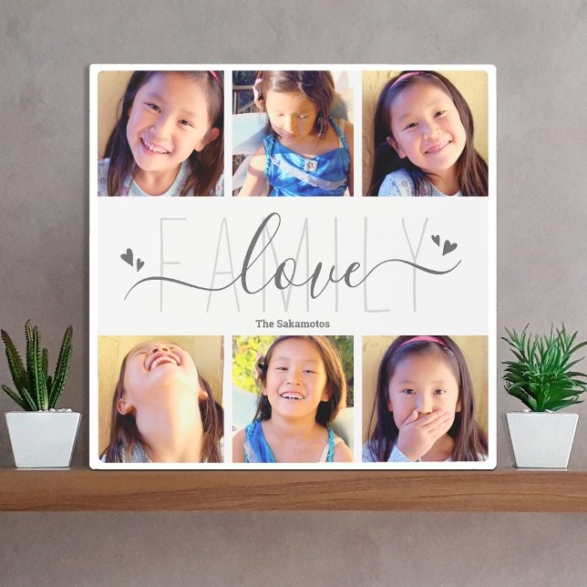 6 Photo Collage Family Love Script Hearts Modern Metal Print (Creator Uploaded)