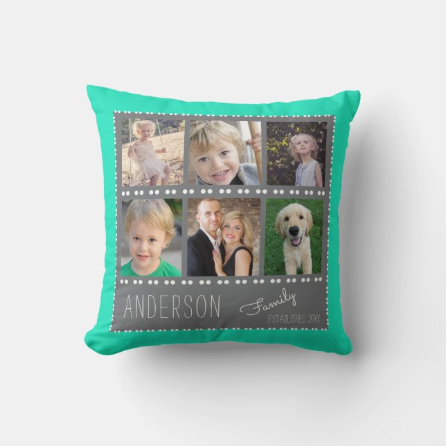 6 Photo Collage | Family Name Throw Pillow (Front)