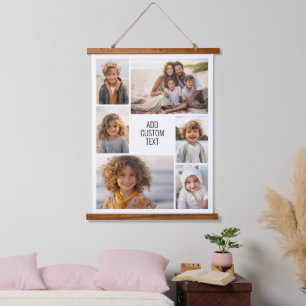 6 Photo Collage - Family Text In Center - White Hanging Tapestry