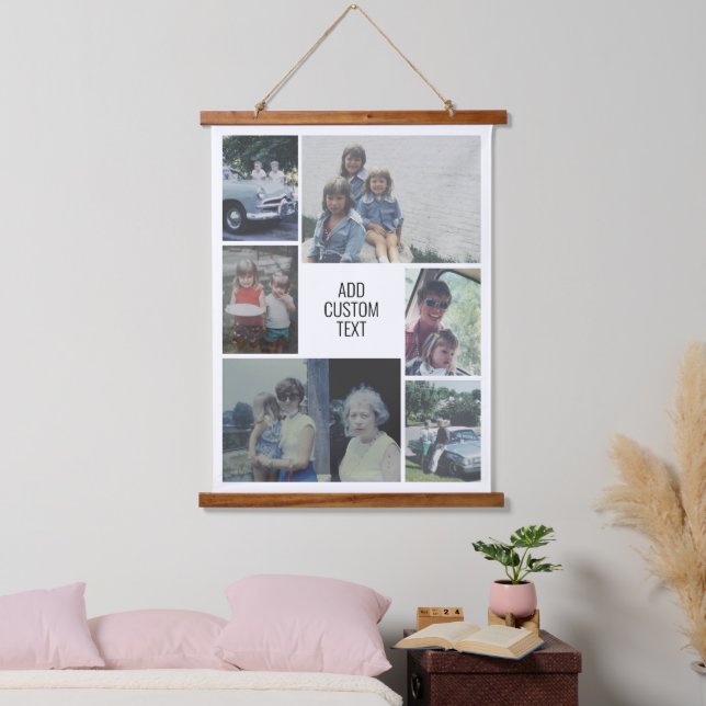 6 Photo Collage - Family Text In Center - White Hanging Tapestry (Bedroom)