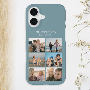 6 Photo Collage Family Vacation Personalized Aqua iPhone 16 Case
