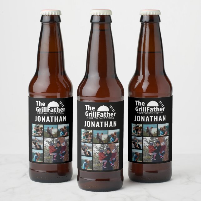 6 Photo Collage Father's Day The Grillfather BBQ   Beer Bottle Label (Bottles)