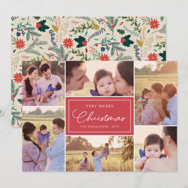 6 Photo Collage | Floral Pattern Christmas Red Holiday Card (Front/Back)