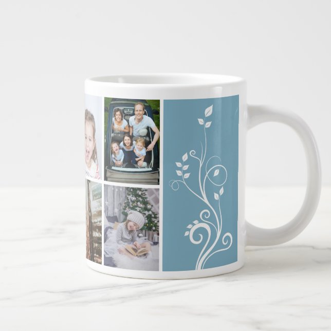 6 Photo Collage Foliage Blue Christmas Family Giant Coffee Mug (Right)