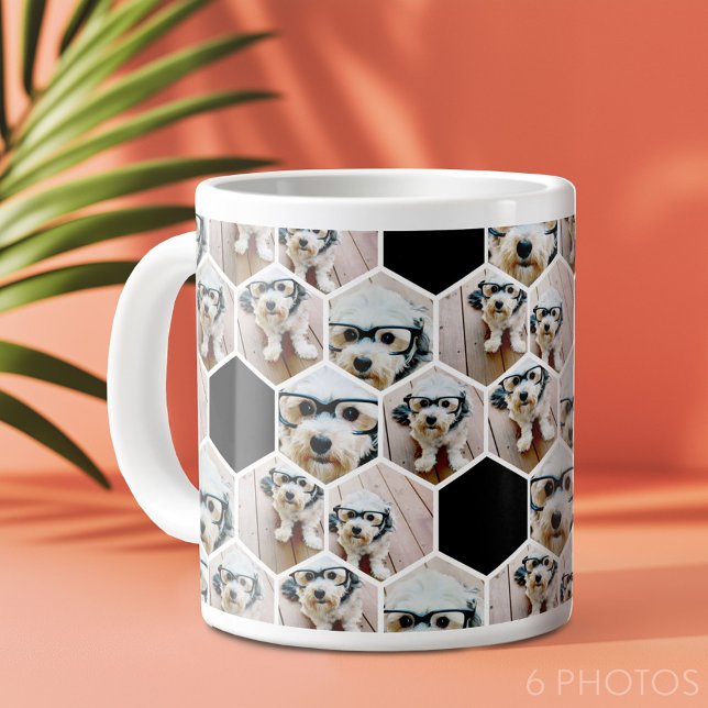 6 Photo Collage - funky hexagon pattern Giant Coffee Mug (6 photo personalized coffee mug in a fun hexagon pattern)