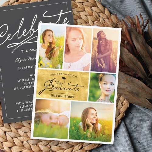 6 Photo Collage Gold Foil Trendy Graduation Party Invitation