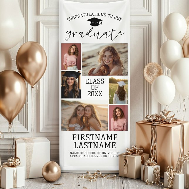 6 Photo Collage Graduation Modern Minimal White Banner (Custom Graduation Photo Banner - Great backdrop and Graduation Party Decoration)