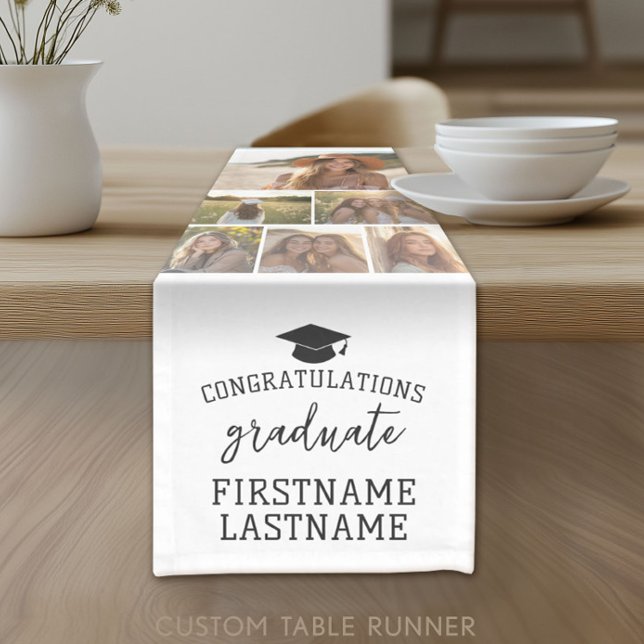6 Photo Collage Graduation Modern Minimal White Short Table Runner (Custom Photo Table Runner)