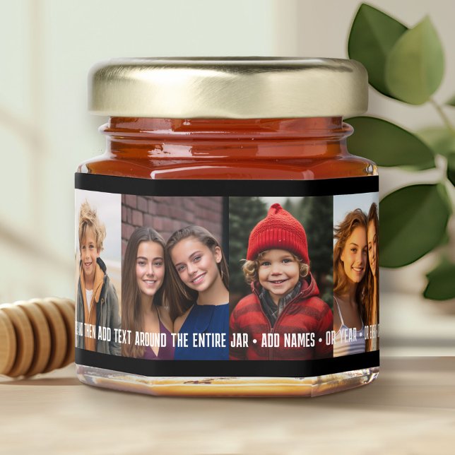 6 Photo Collage Grid - Custom Text Around Bottom Honey Jar Favors (Custom Photo on a Honey Jar Favor)
