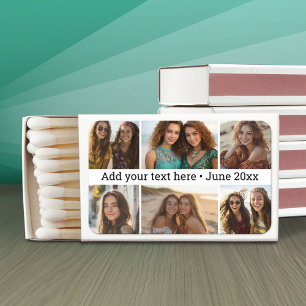 6 Photo Collage Grid - Custom Text - Black White Matchboxes