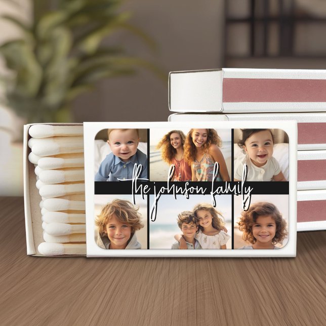 6 Photo Collage Grid - White Custom Text - Black Matchboxes (Custom Matchboxes with Photo Collage)