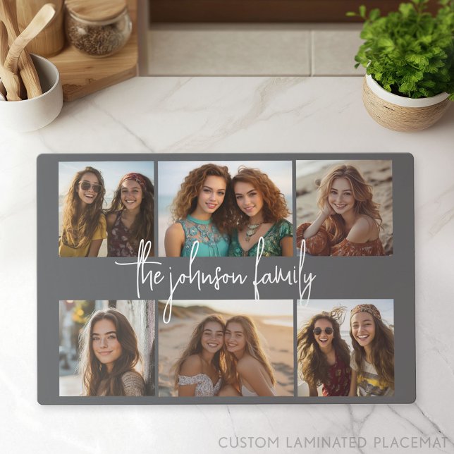 6 Photo Collage Grid - White Custom Text - Black Placemat (Custom Placemat with Photo Collage)
