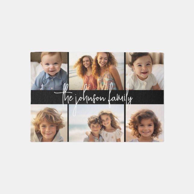 6 Photo Collage Grid - White Custom Text - Black Rug (Front)