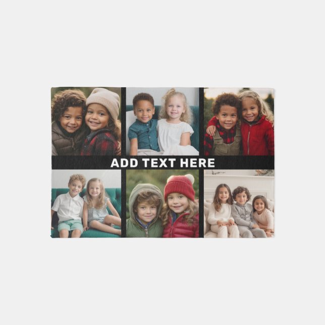 6 Photo Collage Grid - White Custom Text - Black Rug (Front)