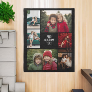 6 Photo Collage Grid - White Custom Text - Black Rug