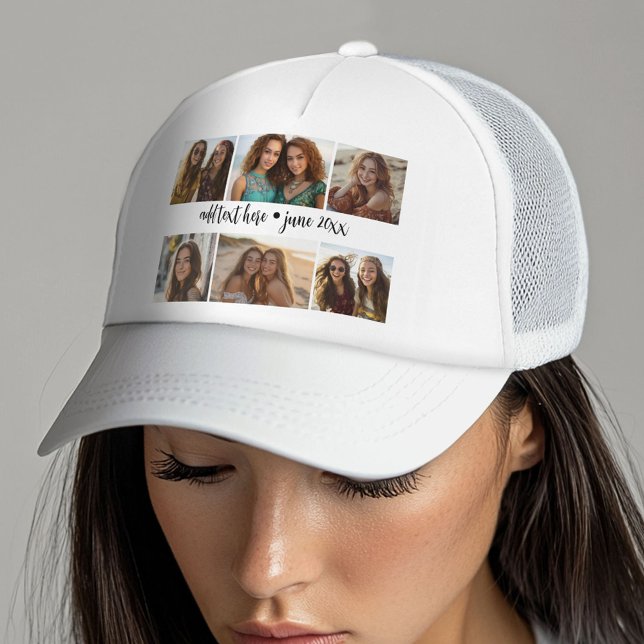 6 Photo Collage Grid - White Custom Text - Black Trucker Hat (Custom Trucker Hat with Photo Collage)