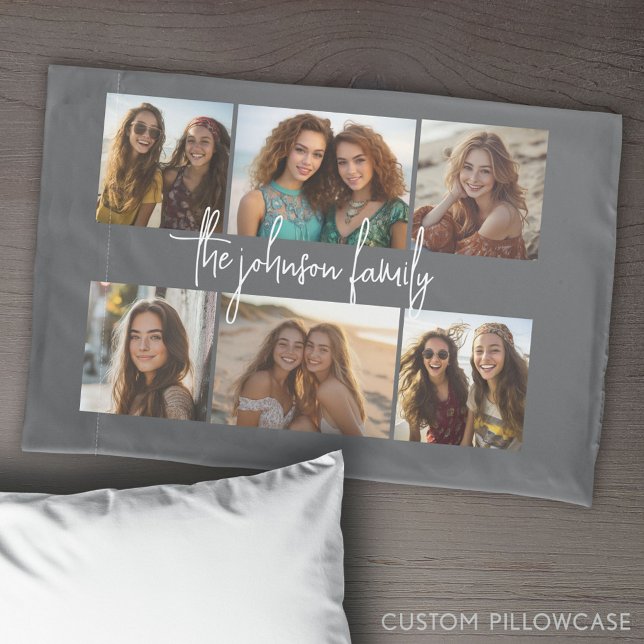 6 Photo Collage Grid - White Custom Text - Gray Pillow Case (Create Your Own Photo Collage Pillowcase)