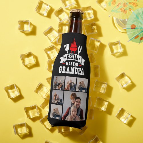 6 Photo Collage Grill Master Grandpa BBQ  Bottle Cooler