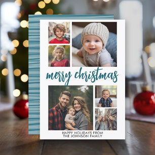 6 Photo Collage Joyful Merry Christmas blue stripe Holiday Card