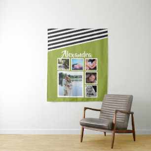 6 Photo Collage Lime Striped Pattern Personalized Tapestry