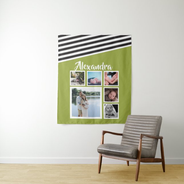6 Photo Collage Lime Striped Pattern Personalized Tapestry (In Situ)